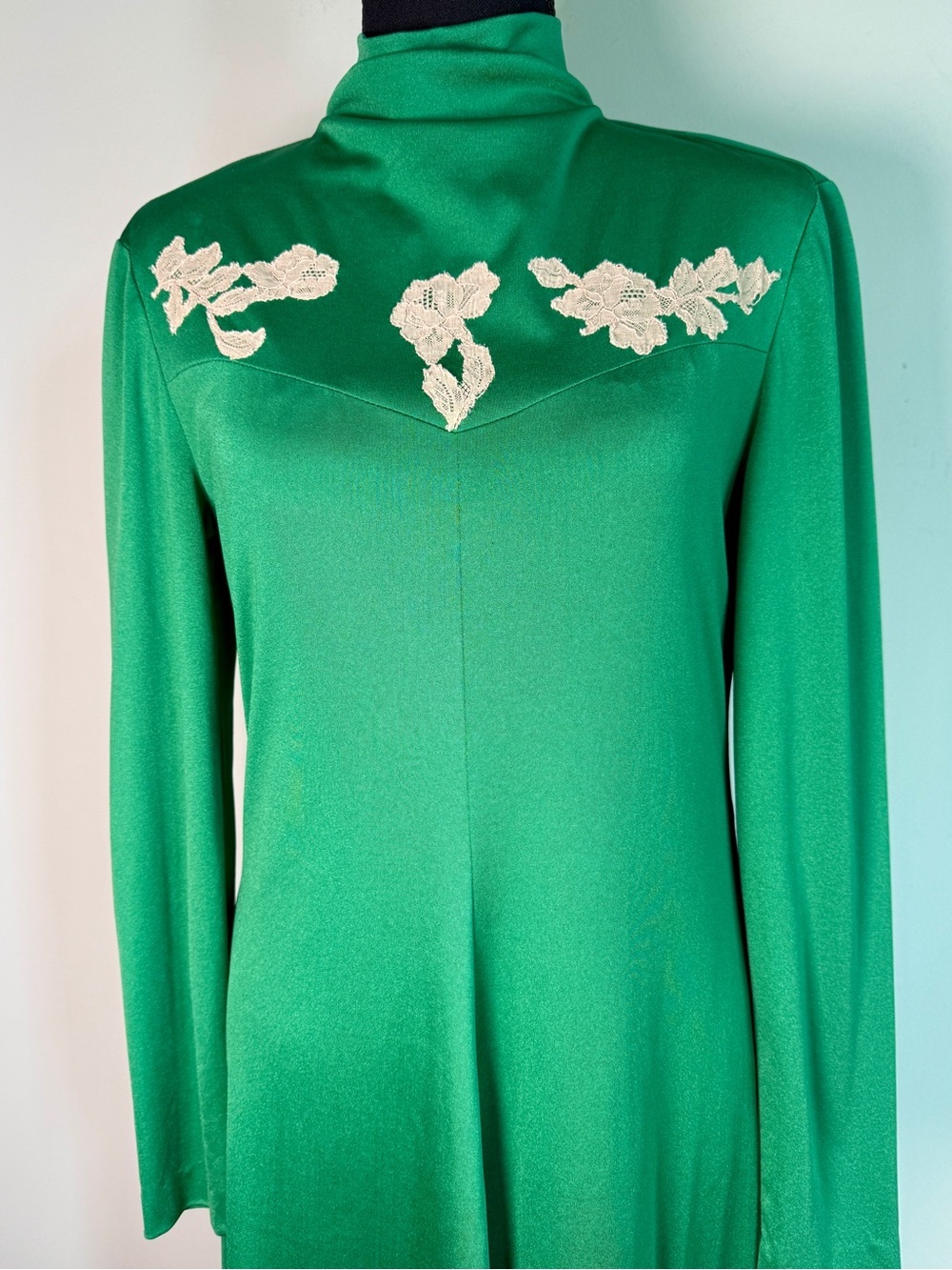 House of Branell Vintage 70s Green Maxi Dress Lace Appliqué - S/M - Picture 2 of 9